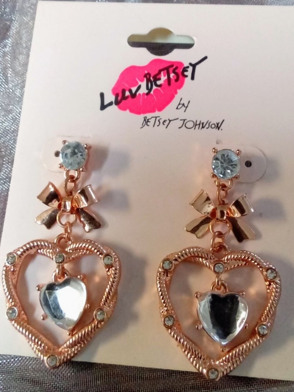 Betsey Johnson Rose Gold Heart & Bow Drop Earrings with Clear Stones